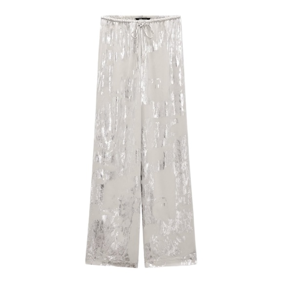 ZARA White Silver Metallic Wide Leg Sequin Pants XS NWT - Picture 9 of 12